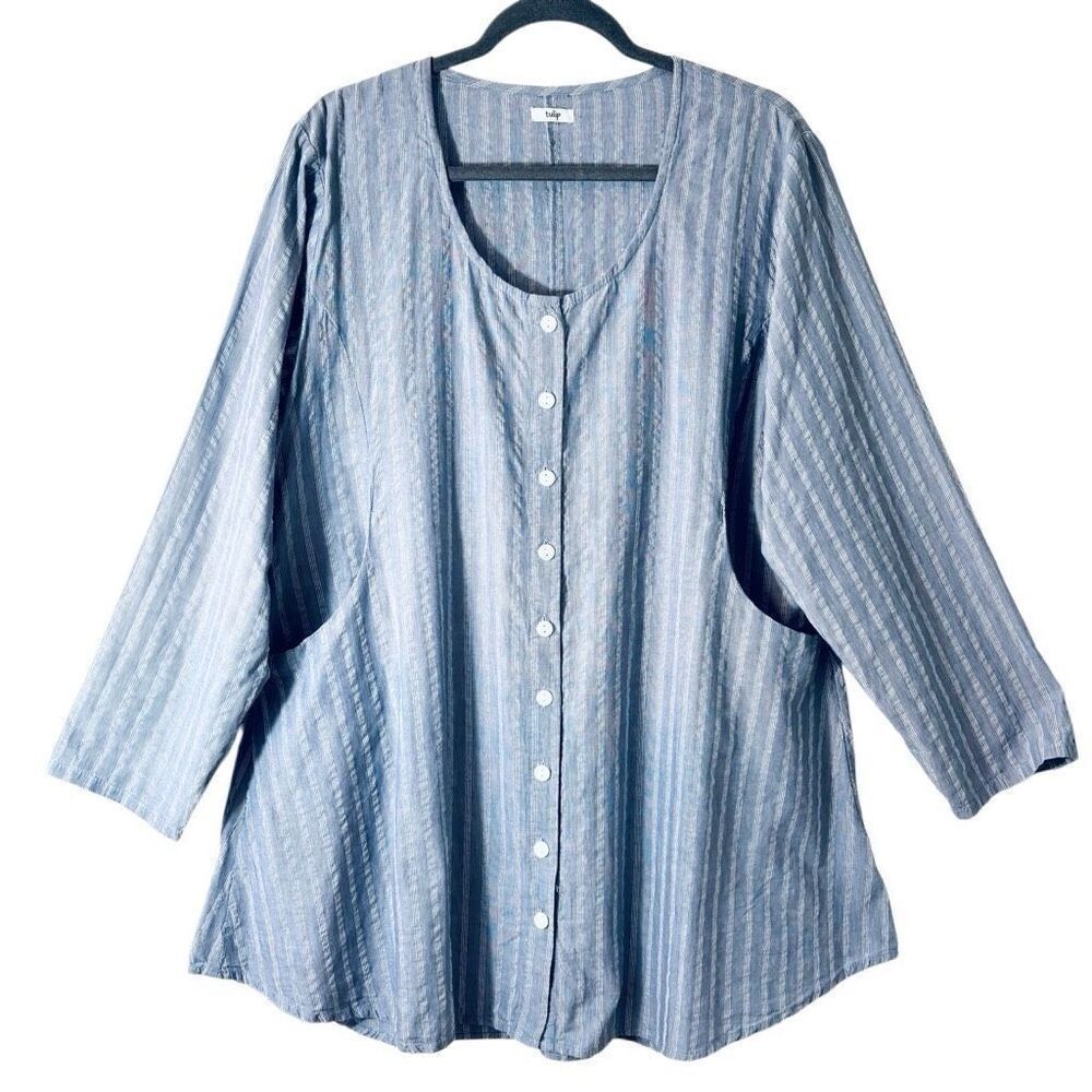 Tulip clothing XL blue white seersucker button front pocket back detail tunic